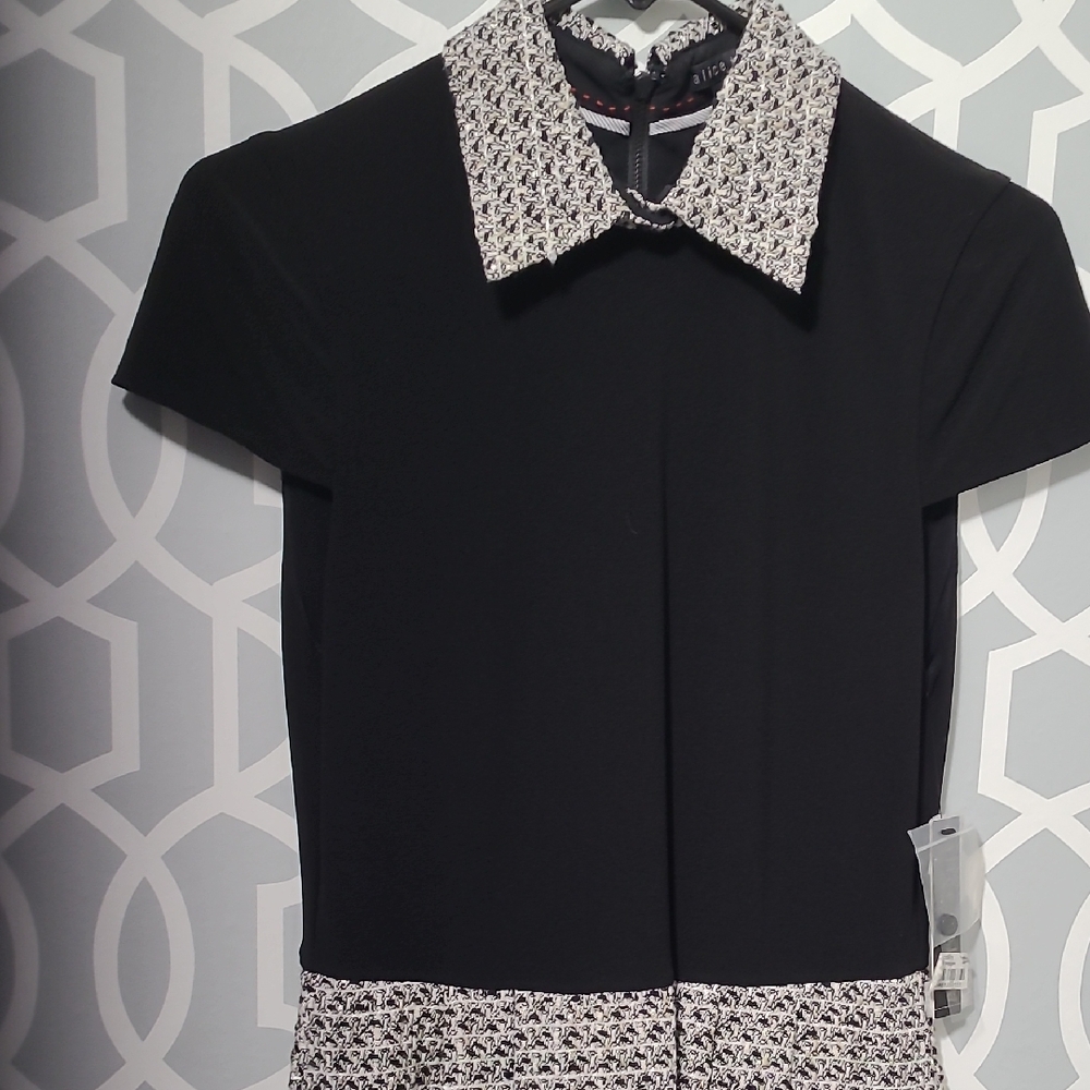 RARE Alice + Olivia Black and White Tweed Collar Fit-and-Flare Dress - Picture 3 of 8